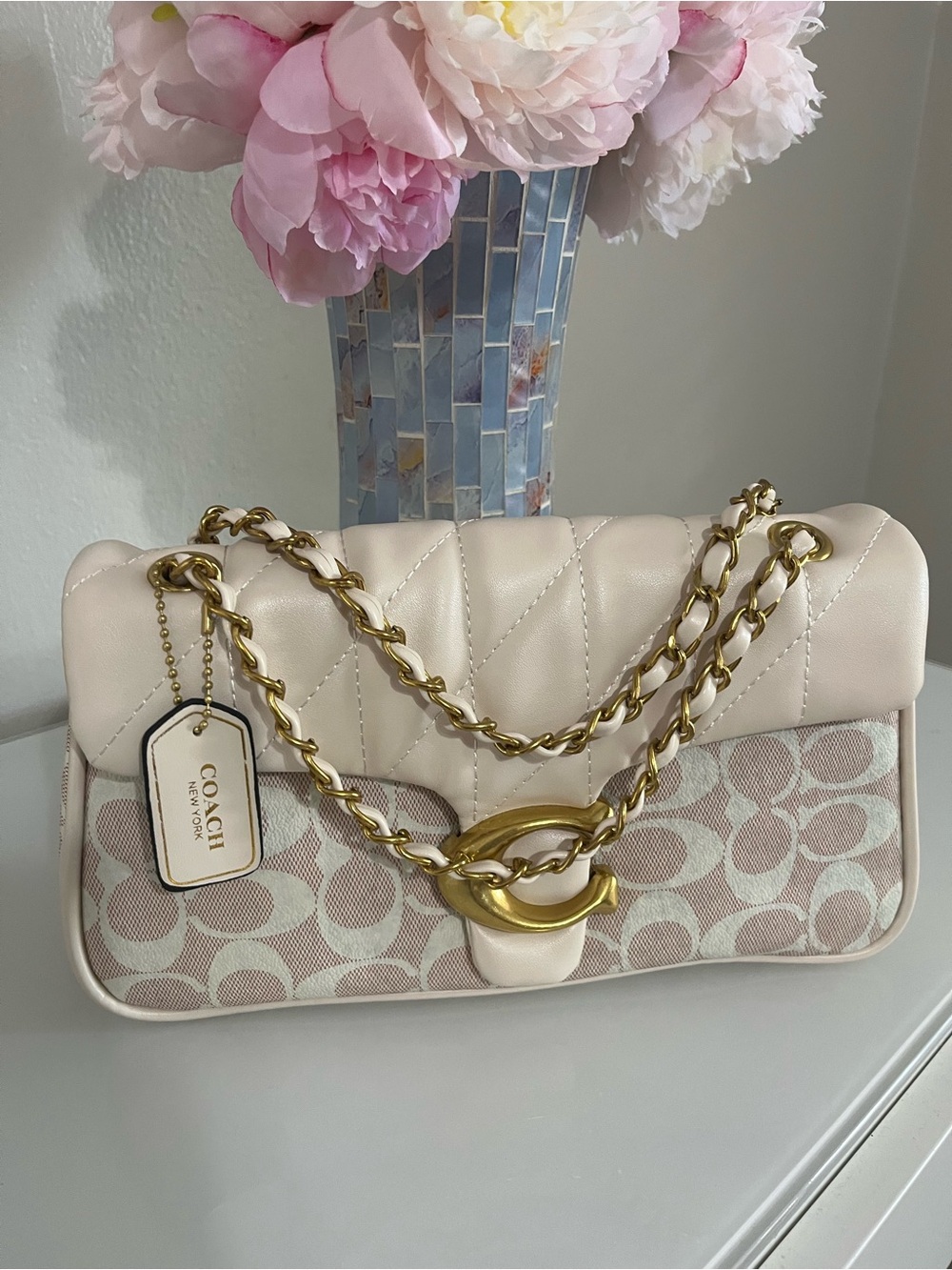 Coach Cream Quilted & Signature Jacquard Chain Shoulder Bag